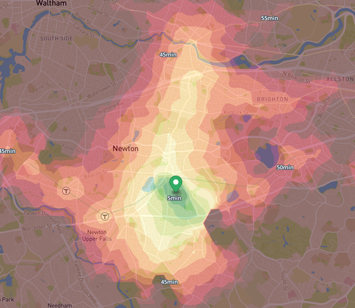 A isochrone map centered on Newton, MA. There are nested colored areas ranging in color from green to yellow to red, emanating out from a central point, indicating average (or best?) travel times from a given location.  The smallest value (green) is labelled "5min" and out at the edges,  where it's red, it's variously labelled "45min", "50min", etc.

The underlying map has streets shown, a T trolley line indicated with capital T in a circle.  The blue squiggle of the Charles River runs across the top of the image from left (in Waltham) to the right.