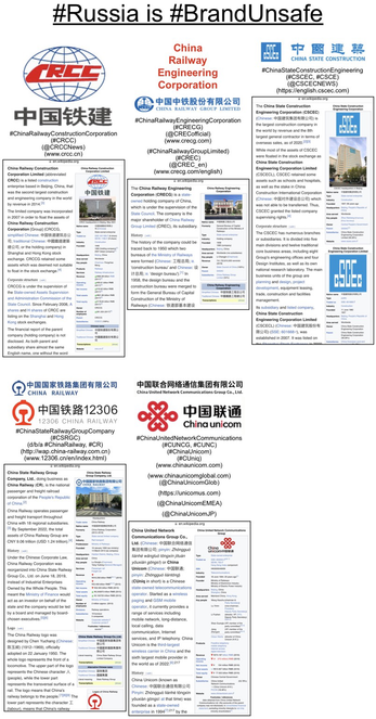 Logo and company information for some of the “Grade F” companies still doing business with Russia (China Railway Construction Corporation through China Unicom).