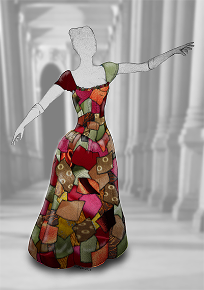 Illustration. A ballgown made from scraps of other cloth.