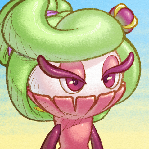 Digital bust artwork of an original character based on the Tsareena Pokémon at a 3/4 angle looking forward towards the right side of the image with a neutral look on its face, on a gradient light-blue to light-yellow background. The character is also wearing its long leaves tied in a bun with a lilac-colored band.