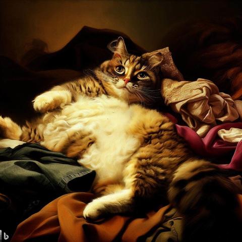 a cat lying in clothes, in style of Peter Paul Rubens(Create by Bing Image Creator)