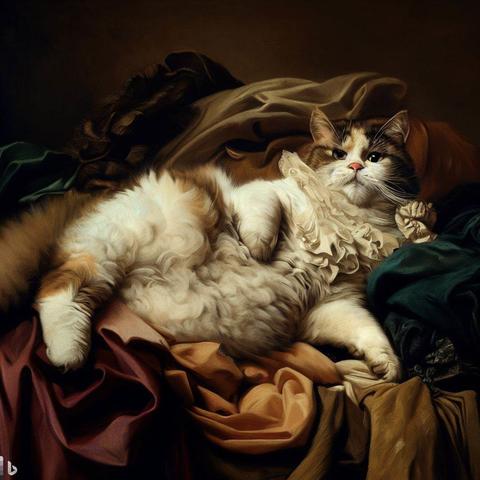 a cat lying in clothes, in style of Peter Paul Rubens(Create by Bing Image Creator)