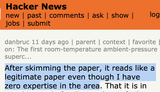 Hacker News post reading "After skimming the paper, it reads like a legitimate paper even though I have zero expertise in the area"
