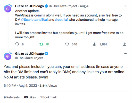 Screenshot of twitter comments by TheGlazeProject about how to get an invite to WebGlaze