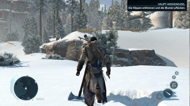 Ein Screenshot aus Assasins Creed 3. Im Vordergrund steht der Hauptcharakter Connor in einer Schneelandschaft. Der Text der von mir hereinkopierten Aufgabe im der rechten, oberen Ecke lautet:

HAUPT-MISSIONSZIEL
Die Klippen erklimmern und die Blumen pflücken.