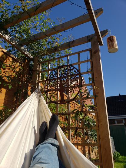 My lower legs encased in gardening jeans and socks in one end of a hammock attached to a pergola. There are a climbing rose and Clematis gradually growing over the trellis and fence, plus solar lights, solar lantern, and a rusted steel cut out of a tree to decorate. In the background, blue sky and a bit of house.