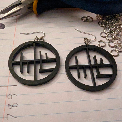 Two round laser cut earrings, each is the stylized loss meme