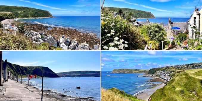 For photo collage of Gamrie and Crovie coastlines. Blue skies on a sunny August day. Clockwise from top left: looking out to the Moray Firth over Gamrie Seatown rooftops; looking out to sea from a higher Gamrie Seatown lane, flowers and cottages in the foreground; looking across the beach to Gamrie from St John’s Kirkyard; the cottages of Crovie with washing lines looking onto the sea and across to Gamrie.