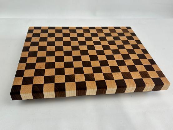 Top view of a maple and walnut endgrain cutting board
