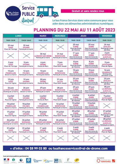 Planning du 22 mai au 11 août 2023 pour le bus France Services, indiquant l'absence de service du 7 au 11 août 2023.
