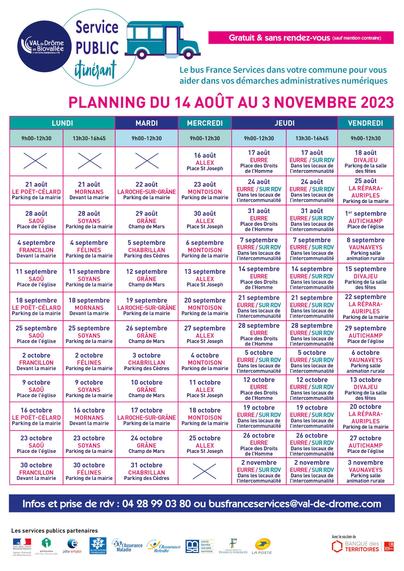 Planning du 14 août au 3 novembre 2023 pour le bus France Services, indiquant l'absence de service les 14 et 15 août 2023.