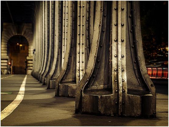 Pont de Bir-Hakeim. 
Le sujet principal de la photo est l'alignement des piles métalliques portant le tablier ferroviaire (métro aérien). La photo est prise de nuit et les reflets lumineux sur le métal des piles confèrent un aspect industriel, voire steampunk.