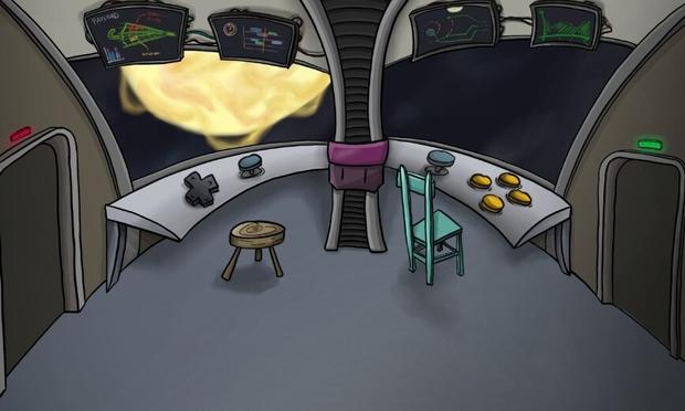 A starship cockpit. The front window shows the sun, the buttons on the console are made of a game controller. There are two doors, one to the left (port side with a red light) and one on the right side (starboard with a green light). There are two chairs made of wood.