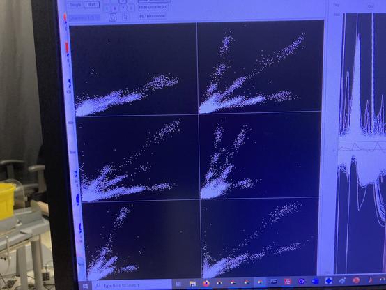 Screenshot of cluster space of putative spikes from hippocampus, 6 different plots show the amplitude of channel 1 vs 2, 1 vs 3 etc. Clear clusters are visible, indicating data from about 10 different neurons