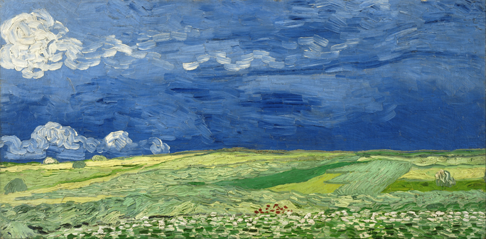 An unusually elongated canvas for van Gogh. Depicted are green wheatfields, rolling majestically over the countryside, but overhead are dark thunderclouds, ready to let loose.