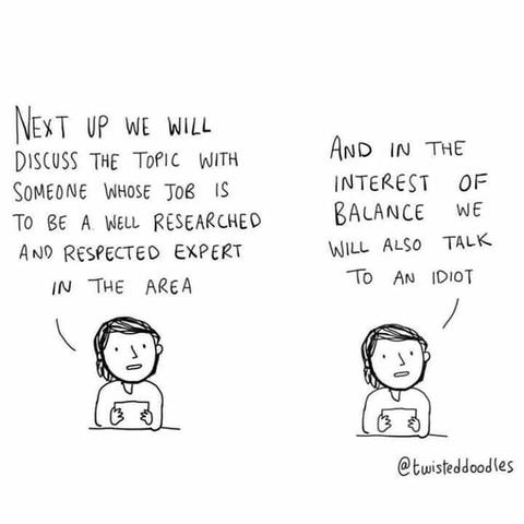 A drwwing of a newscaster saying, " Next up we will discuss the topic with someone whose job it is to be a well researched and respected expert in the area."
Then, "And in the interest of balance we will also talk to an idiot."