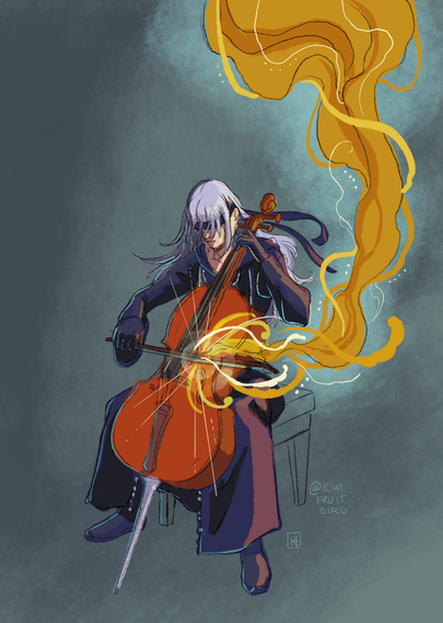 Doodle of Riku from Kingdom Hearts 2, a silver haired teenager with a black blindfold and long black coat seated while playing the cello. Flowing tendrils of gold emit from the cello upward.
