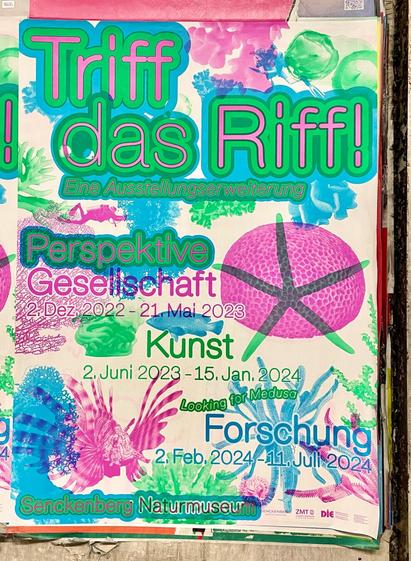 A poster for the Nature museum in Frankfurt. It features brightly colored monotone images of sea creatures layered over each other, and rounded text with bold outlines. The predominant colors are pink, blue, and green.