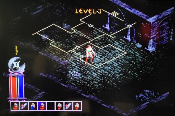 A screenshot of the original Diablo being emulated on my PS1 mini. It shows a dark dungeon with the map overlaid over my rogue character Alathra in the center, with original Diablo health, mana and inventory bars on the bottom left of the screen. The top of the screen reads 'Level 3' in the classic Diablo font.