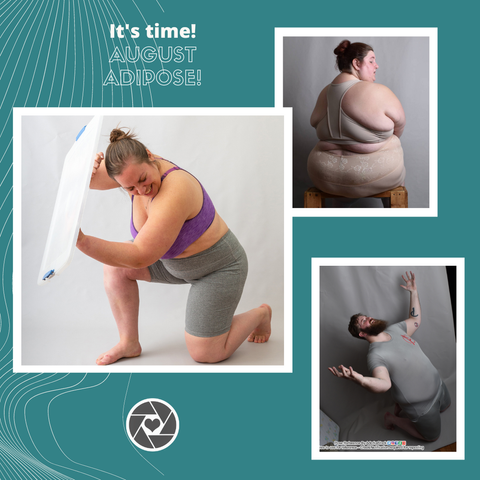 It's Time! August Adipose! Three pictures of people in various poses on an aqua background.