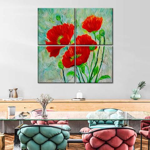 Red Poppies Contemporary Style Wall Art Check out this elegant Red Poppies Contemporary Style Wall Art! 🌺 It adds a feminine vibe to any space with its blooming blossoms and floral design. The black, red, teal, and turquoise colors make it a perfect choice for an elegant decor. Available as a 4-piece or 1-piece set, these art pieces will surely enhance your space.