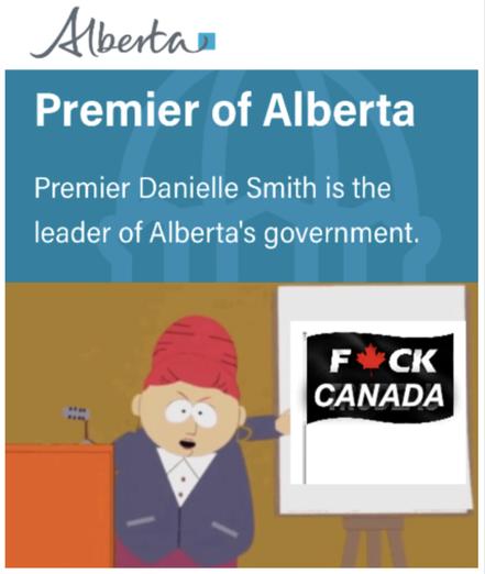 The Premier of Alberta webpage header with an image of the “Blame Canada” South Park teacher pointing to a “Fuck Canada” flag