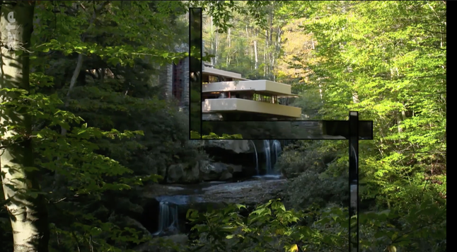 screenshot aus dem Film. Zu sehen ist Fallingwater, ein modernes Haus an einem bewaldeten Berghang, durch den ein Wasserfall hindurchfließt.