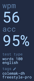 56 words per minute
95% accuracy
on a 100 word typing test in the English language