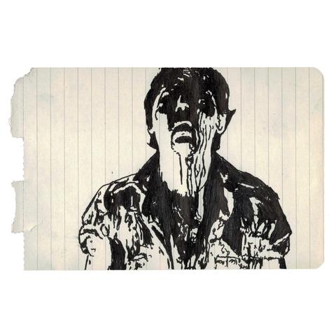 Pen drawing of a zombie-esque man with a shadowned bloody face drawn on a torn-out notebook page.
