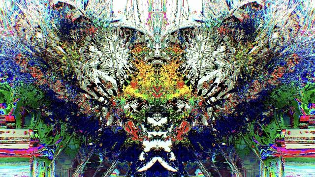 Abstract psychedelic art consisting of many colors along with black and white. It is mirrored horizontally in the middle and overall is glitchy and very noisy/textured. The shape of the subject is reminiscent of a butterfly's wings attached to a kneeling person with their hands to their head. This is only an approximation, due to the abstract nature of the image.