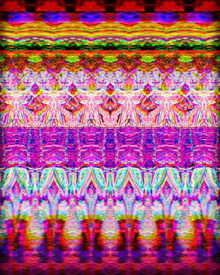 Abstract psychedelic art reminiscent of a very colorful rug. Pinks, blues, reds, oranges and greens abound.
