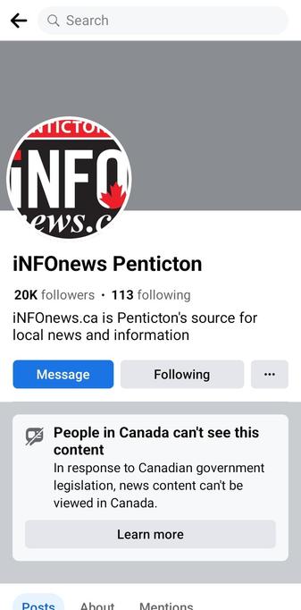 Screenshot from infonews Penticton FB page, saying that people in Canada cannot see news content due to Canadian legislation.