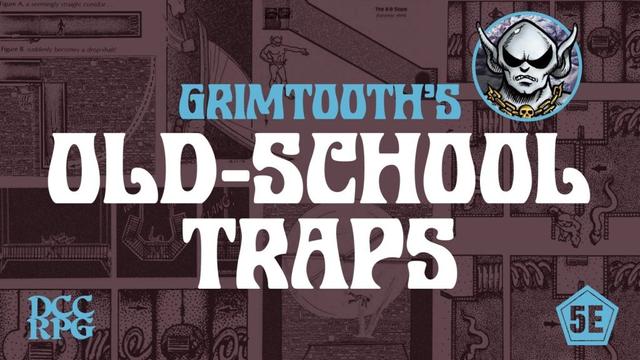 The old school traps backer kit logo. Says the name and has images of the trap illustrations as the background and an icon of Grimtooth his very self.