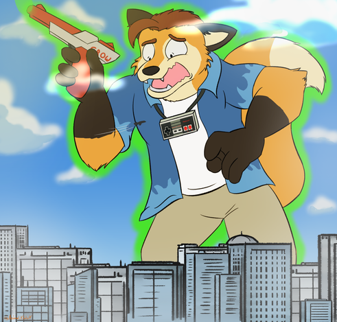 Giant KitsuneKit in a city.
