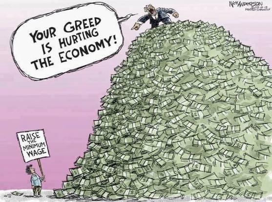 Someone stands at the base of a mountain of cash holding a placard that reads “RAISE THE MINIMUM WAGE” while looking up at a corporate suit standing on top, who’s yelling “YOUR GREED IS HURTING THE ECONOMY!”