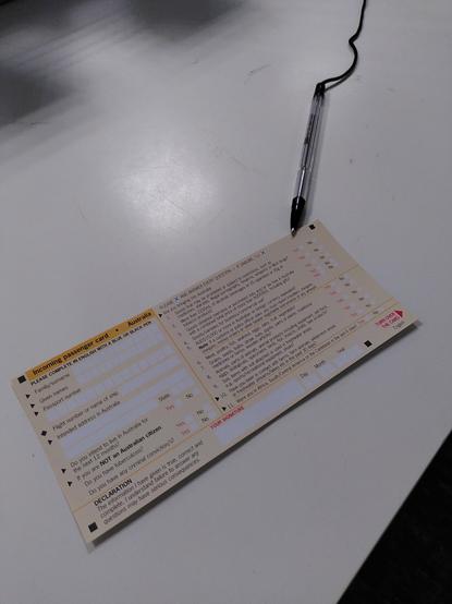 The orange "incoming passenger card". On the left side, you leave personal details such as names and passport number. On the right side, you are asked to declare prohibited items you have on you. Those contain soil, wood, food items, alcoholic beverages and more. It clearly states "If not sure, declare it"

Underneath you have to sign that your given information is true and complete, and that you understand that leaving out information is a punishable criminal offence.
