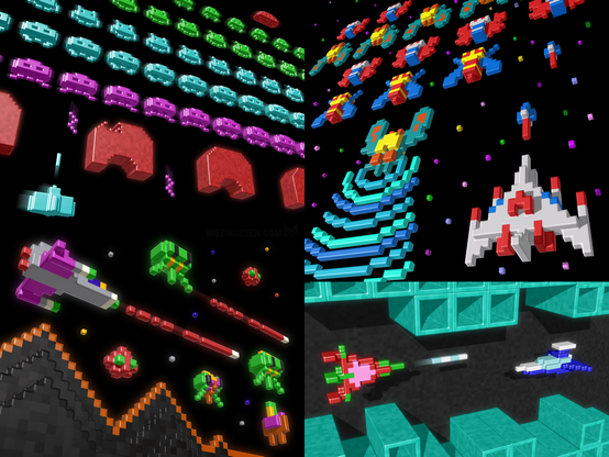 Voxel art style 3D interpretations of the classic 8-bit video games Space Invaders, Galaga, Defender and Vanguard.