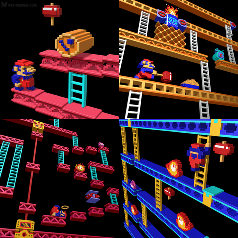 Voxel art style 3D interpretations of scenes from the classic 8-bit video game Donkey Kong, featuring Mario.