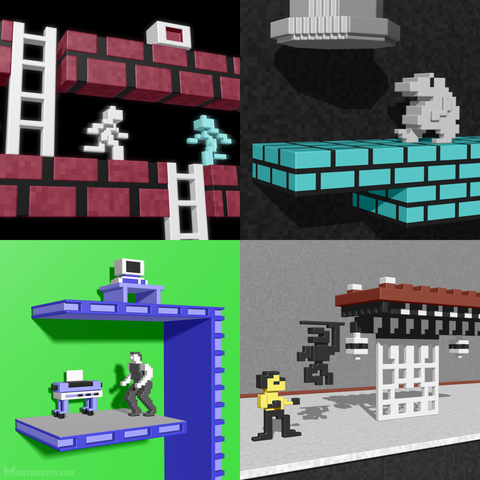 Voxel art style 3D interpretations of the classic 8-bit Commodore 64 games Lode Runner, Monty on the Run, Impossible Mission and Bruce Lee.