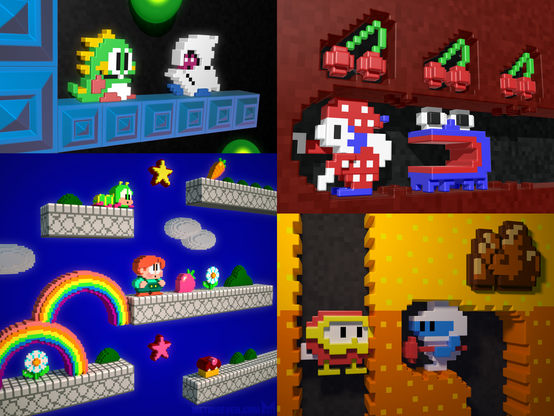 Voxel art style 3D interpretations of the classic arcade games Bubble Bobble, Mr. Do, Rainbow Islands and Dig Dug.