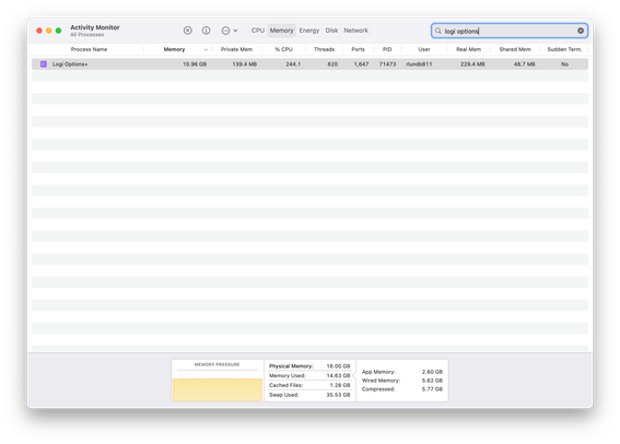 screenshot of Activity Monitor in macOS revealing the Logi+ Options software is sucking up a ton of resources