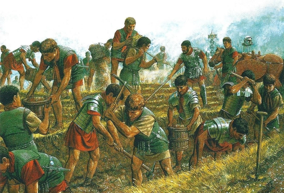 Image de soldats romains avec des armures de plaques et des tuniques rouges en train de construire des trucs.

J'ai quelques soucis avec cette image, genre si c'est pas le champ de bataille pourquoi ils portent une putain de cuirasse pour manier la pioche, hein ?
Et bouzin de palsambleu trouvez-moi la source où il est dit que les soldats kiffaient la teinture rouge pour leurs habits.
