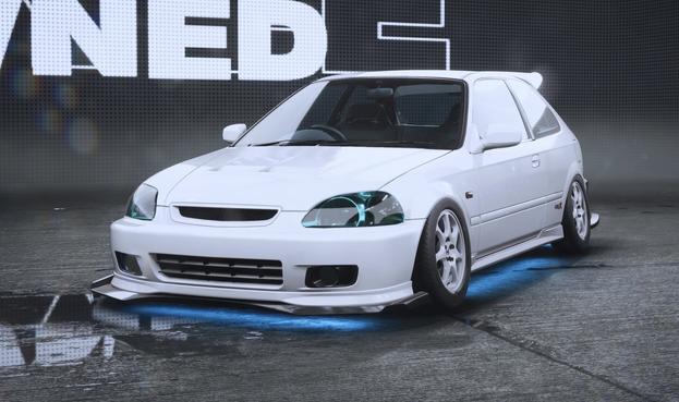 3/4 view of the front of a modified EK9. blue headlights, slammed, stock type r rims cambered out, with subtle body kit changes.