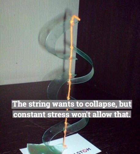 A sculpture made from a piece of string and pieces of bent thin plastic. Using only the tension from the opposing pieces of plastic, the string is made to stand upright.

The caption reads: the string wants to collapse but constant stress won't allow it