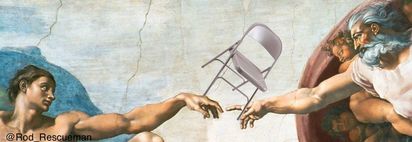 Edit of Michaelangelo’s creation painting with god throwing a folding chair at Michael
