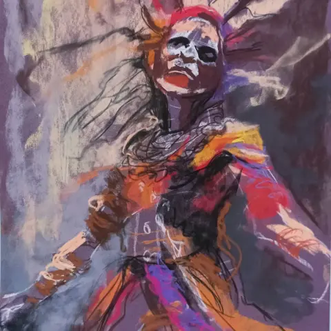 colorful pastel drawing of a digital shaman with a painted face in warm red and yellow hues in front of an abstract organic background of dark and light browns