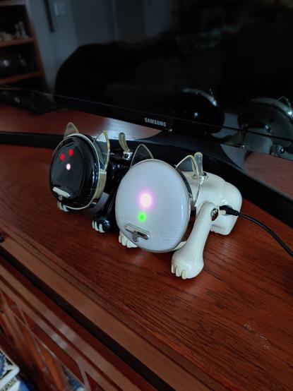 A black and white iCat are on a table together enjoying music. This is photographer at an angle. Black one is further from the camera on the left, white one is closer to the camera on the right. A black cord is plugged into the white iCat's auxiliary plug.

3 LEDs show on the black iCat's face in a tiny upsidedown triangle. The one on the center of its face is white. The one on the top of its face is red, and upper left is red.

2 LEDs show on the white iCat's face in a short line, going from the center down. The one on the center of its face is pink, and the one below it is green.