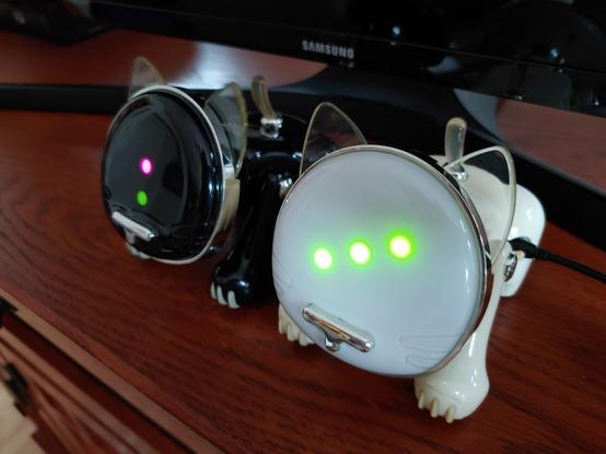 A black and white iCat are enjoying music together on top of a table. Photo is taken at an angle. The black one is on our left, and further away from the camera. The white one is on our right and closer to the camera. A black cord is plugged into the white iCat's auxiliary port.

2 LEDs are shown on the black iCats face, in a short line going from the center down. The one in the center of its face is pink, the one below that is green.

3 LEDS are shown on the white iCats face, in a / line. All LEDs are green. Going from left to right, a LED is lit on bottom-left, center, and upper-right.