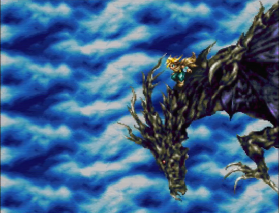 Super Nintendo kontsolarako, Bahamut Lagoon jokoaren amaiera pantaila. Protagonista dragoi erraldoi baten gainean zeruan zehar bidaiatzen.