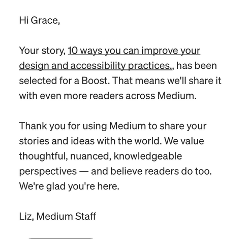 email from Medium letting me know my article has been boosted.